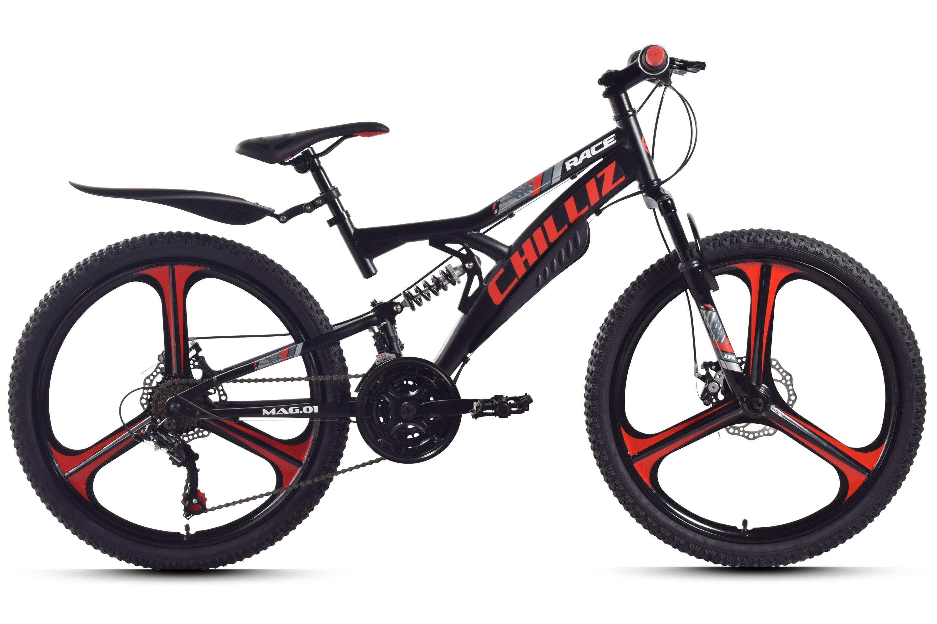 CHILLIZ Kinderfahrrad Fully 24 Zoll MAG.01 schwarz-rot Rahmenh&ouml;he 38 cm 18 G&auml;nge Mag wheel mech. Scheibenbremse – Bild 1