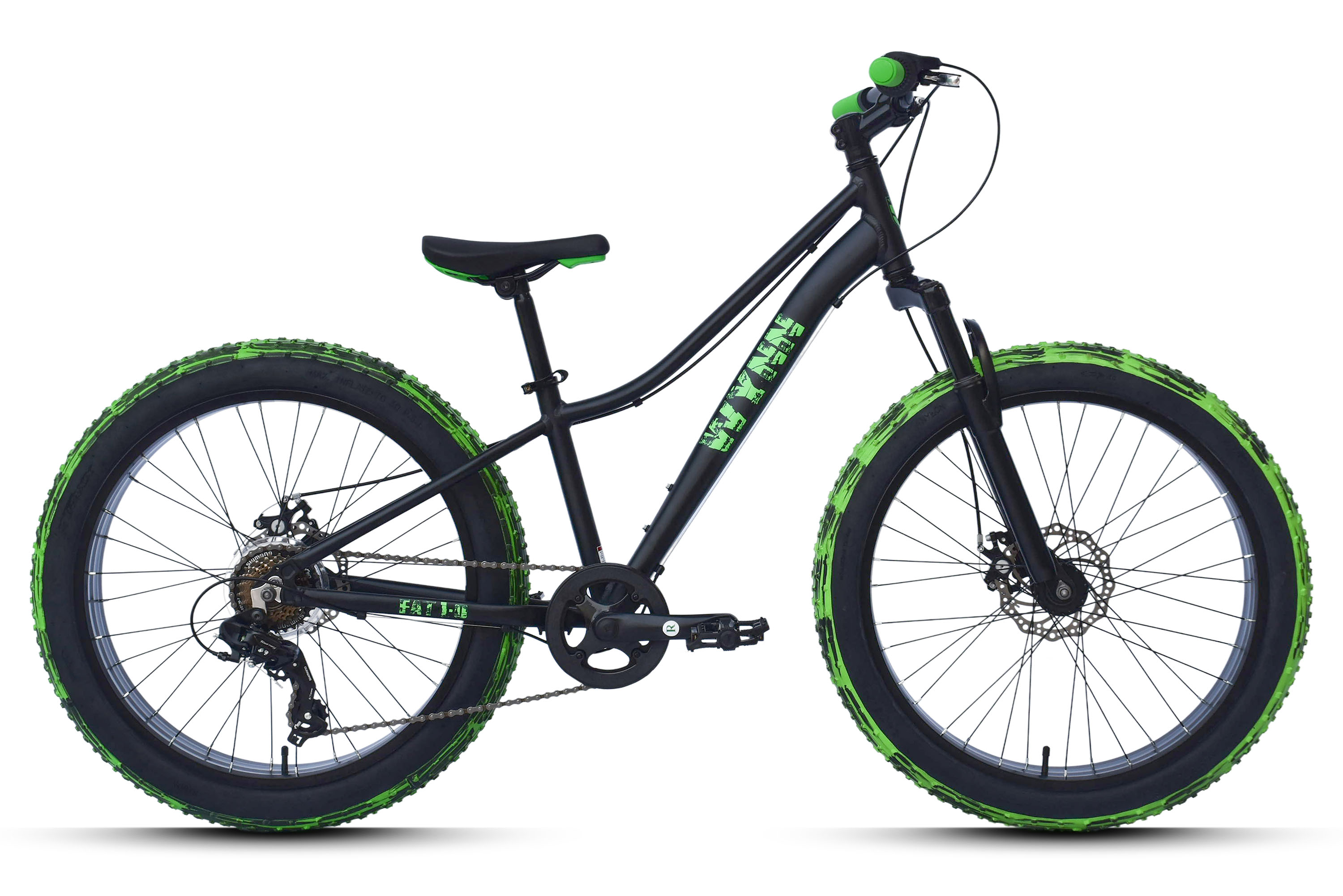 WYNN Fatbike 24 Zoll FAT1.0 schwarz-gr&uuml;n Rahmenh&ouml;he 30 cm Kinder 7 G&auml;nge mech. Scheibenbremse – Bild 1